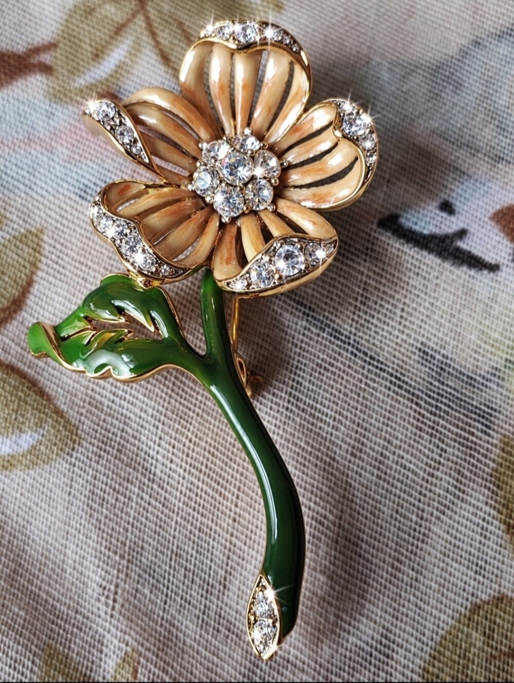 Nolan Miller Signed Enamel Clear Rhinestone Flower Gold Tone Brooch Pin Vintage